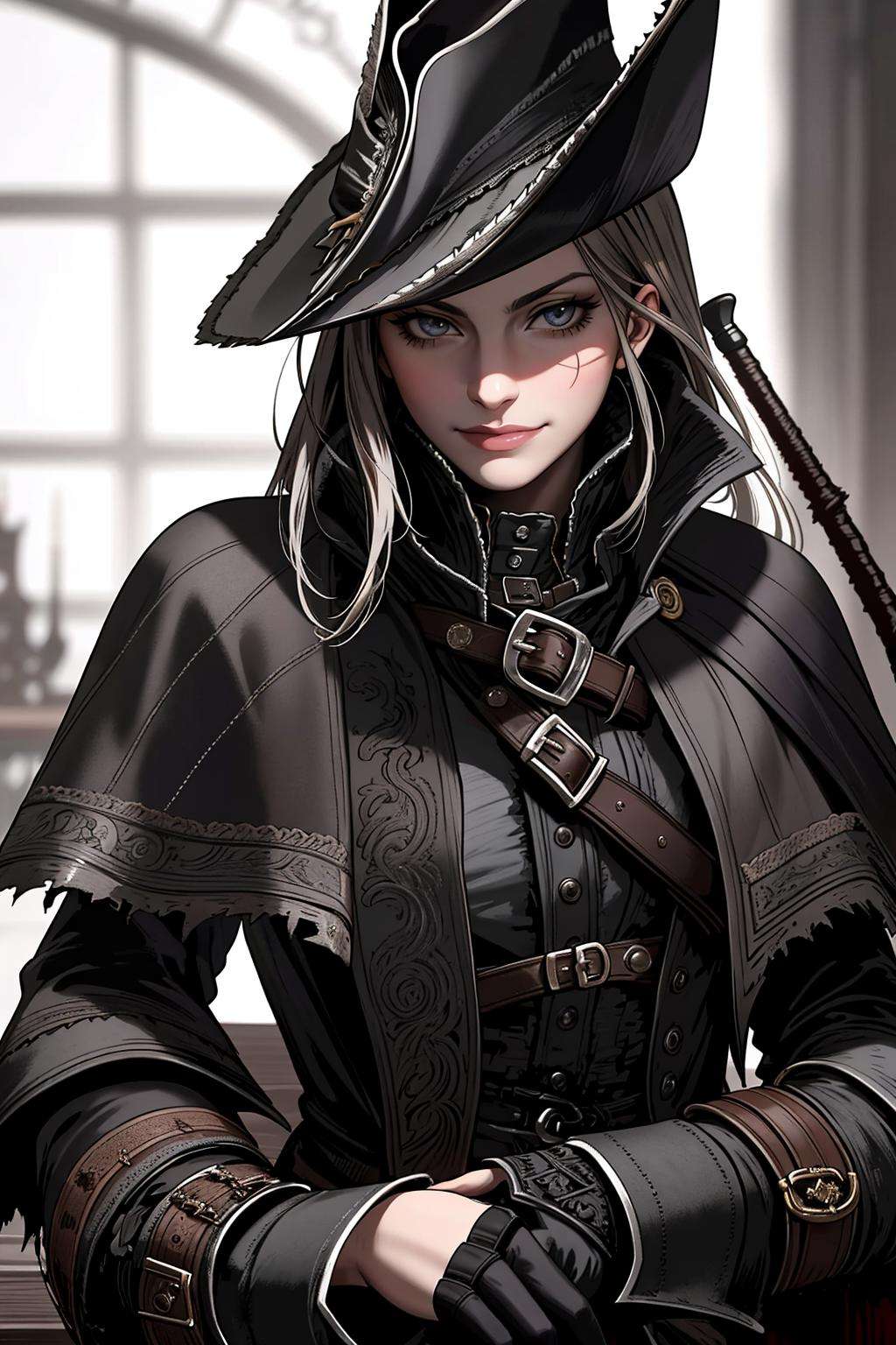 ((Masterpiece, best quality)),edgQuality,smirk,smug,posing for a pictureedgBB, tricorne, hunter (bloodborne),coat, torn clothes, black headwear, capelet ,woman wearing edgBB_outfit <lora:edgBloodborne:0.85> 