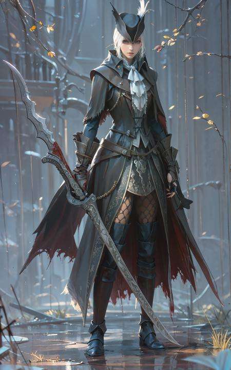 (masterpiece:1.2), best quality,game art,1girl,hunter \(bloodborne\), standing,white hair,weapon <lora:Maria_20230713095622-000016:0.8>