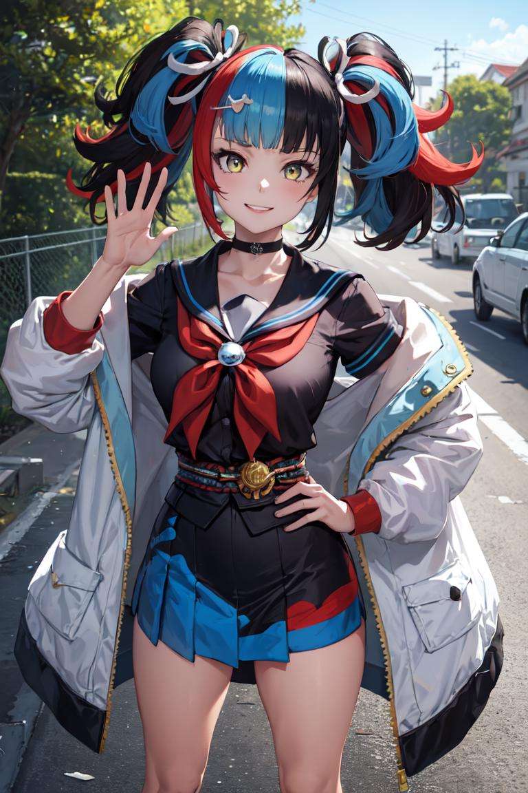 masterpiece, best quality, absurdres, perfect anatomy, 1girl, solo, ShonagonBase, jacket with blue trim, black shirt, sailor collar, skirt, choker, hairclip, sunglasses, eyewear hang, smile, waving at viewer, hand on hip, outdoors, <lora:SeiShonagon:0.9>