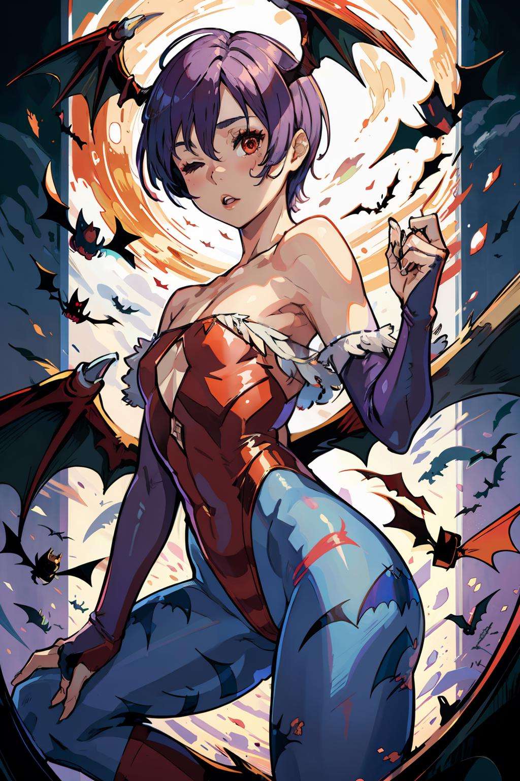 masterpiece, best quality,  <lora:lilith:1>,1girl, lilith aensland, solo, pantyhose, bat print, purple hair, leotard, wings, short hair, head wings, red leotard, print legwear, red eyes, animal print, demon girl, one eye closed, bare shoulders, bat wings, flat chest, lying, elbow gloves, bridal gauntlets, gloves, ass, blue pantyhose, pointing, bat (animal)