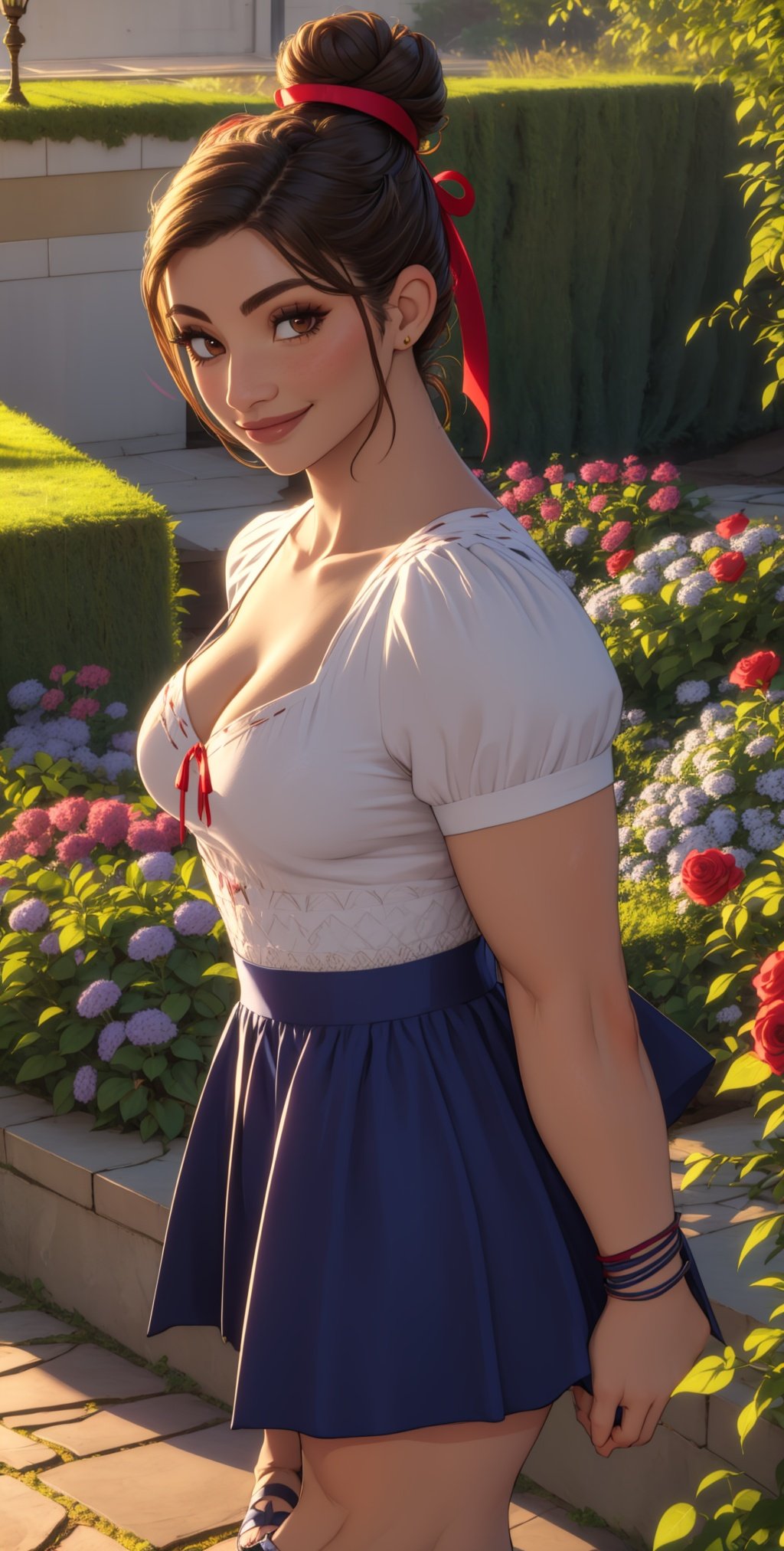 Luisa , brown hair, hair bun with red ribbon, brown eyes, upper body, muscular, smile,
 LuDres ,blue skirt, blue sandals, cleavage, bracelets, garden, stone bridge, morning, 
 (insanely detailed, beautiful detailed face, masterpiece, best quality) cinematic lighting,  