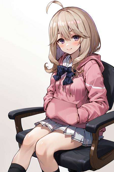 masterpiece, best quality, highres, 1girl tsubaki sakurako ahoge, white skirt pink hoodie bow shirt black socks <lora:tsubaki_sakurako:1> sitting on chair, looking at viewer, smile