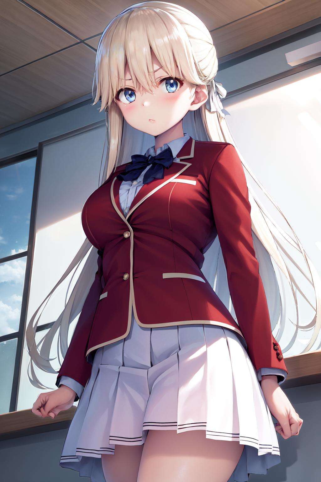 masterpiece, best quality, highres, 1girl tsubasa nanase blonde hair blue eyes, school uniform red jacket white shirt white skirt white ribbon <lora:tsubasa_nanase:1>