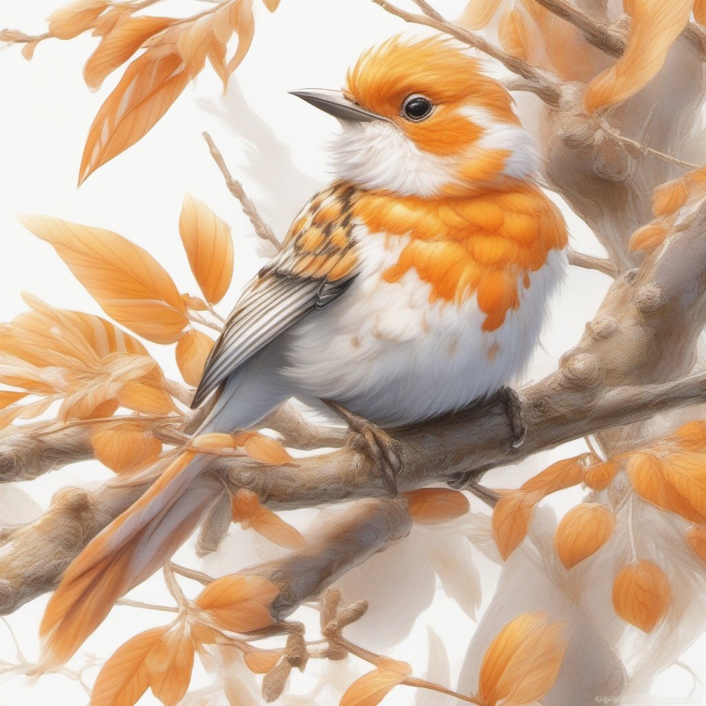 32k, 3d realistic anime art, digital painting. thin strokes, An orange and white-striped muffin bird perched on a branch, trending on artstation, sharp focus, studio photo, intricate details, highly detailed, by greg rutkowski.  fantasy watercolor