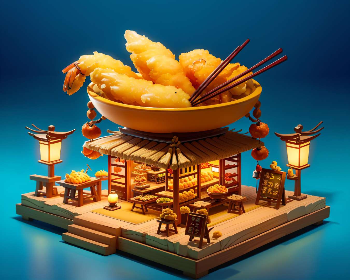 (masterpiece, best quality:1.3, highres, ultra-detailed, 8k, <lora:ISO_SHOP-18:0.9>, building, iso_shop, isometric, simple background, food, no humans, tassel, bowl, lantern, chopsticks, shrimp, tempura, shrimp tempura, (small details), (extremely detailed), [hyperrealistic:0.4],