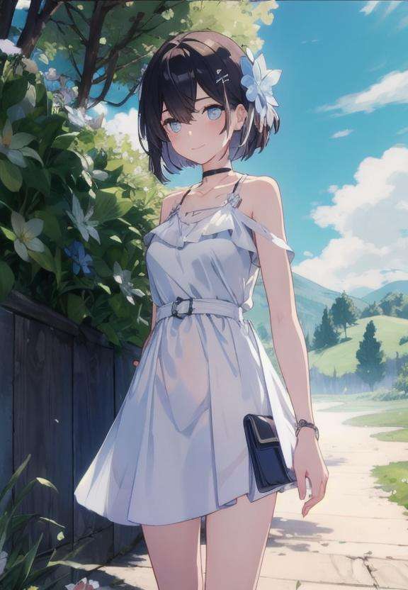 masterpiece, best quality, winter, snow field, xier,1girl,  seele vollerei, dress, looking at viewer, bangs, cloudy sky, blue eyes, hair ornament, holding, short hair, bare shoulders, outdoors, closed mouth, blue hair, weapon, holding weapon, white dress, smile, barefoot, hair between eyes, sleeveless dress, solo, sky, sun, mountain, forest, lake,