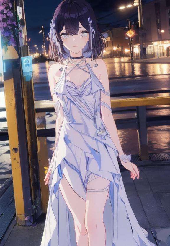 (extremely detailed CG unity 8k wallpaper,masterpiece, best quality, ultra-detailed, beautiful detailed eyes:1.2), five fingersxier,  1girl, solo, hair ornament, seele vollerei, sleeveless dress, white dress, outdoors, bare shoulders, bangs, sleeveless, purple hair, blue eyes, sitting, train  station, in  spring, arms  behind  back