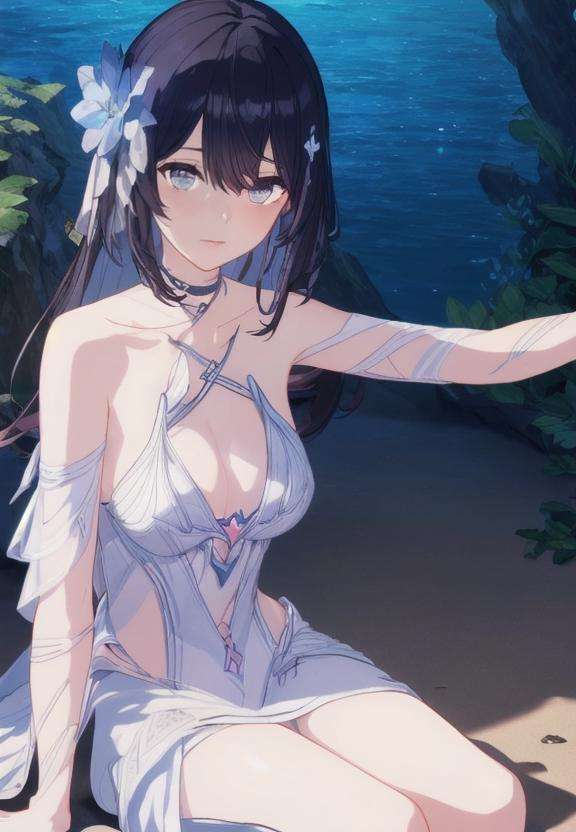 (extremely detailed CG unity 8k wallpaper,masterpiece, best quality, ultra-detailed, beautiful detailed eyes:1.2), xier,  1girl, solo, hair ornament, seele vollerei, sleeveless dress, white dress, outdoors, bare shoulders, bangs, sleeveless, purple hair, blue eyes,  all  fours, underwater, aquarium