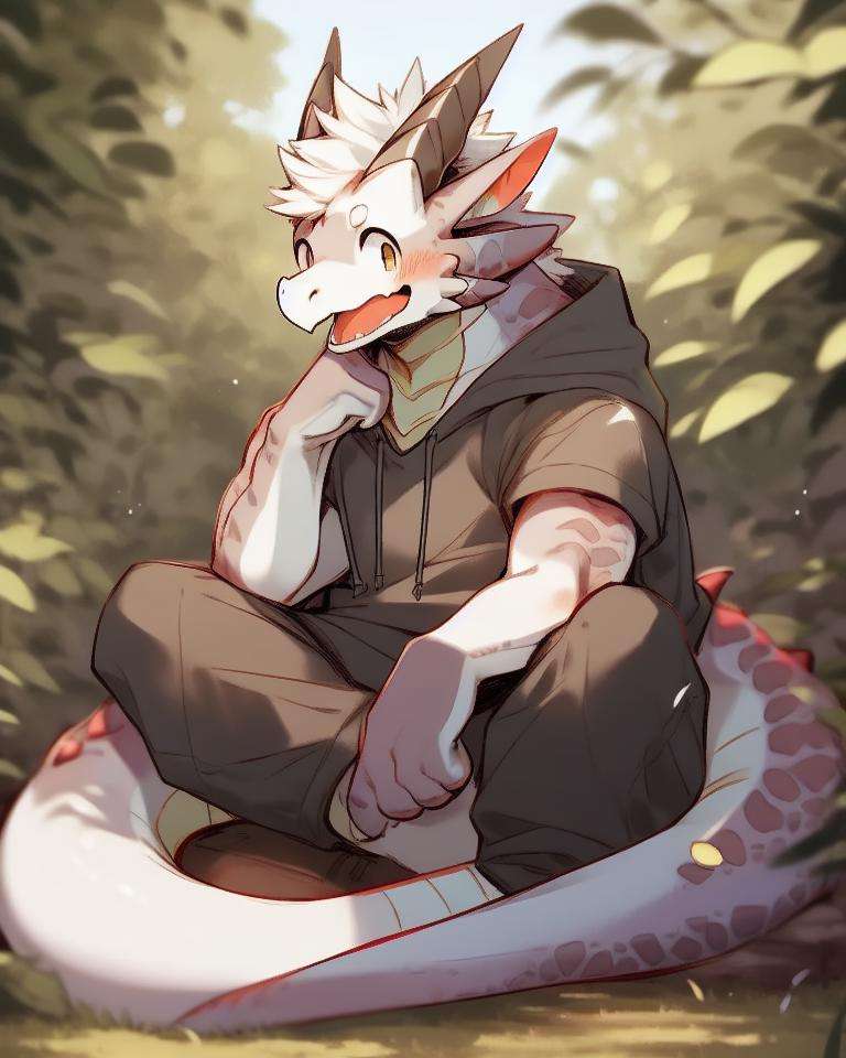 nj5furry, dragon, sitting, hoodie, nature, male, happy, white fur, white body, <lora:nj5furry-000009:1>