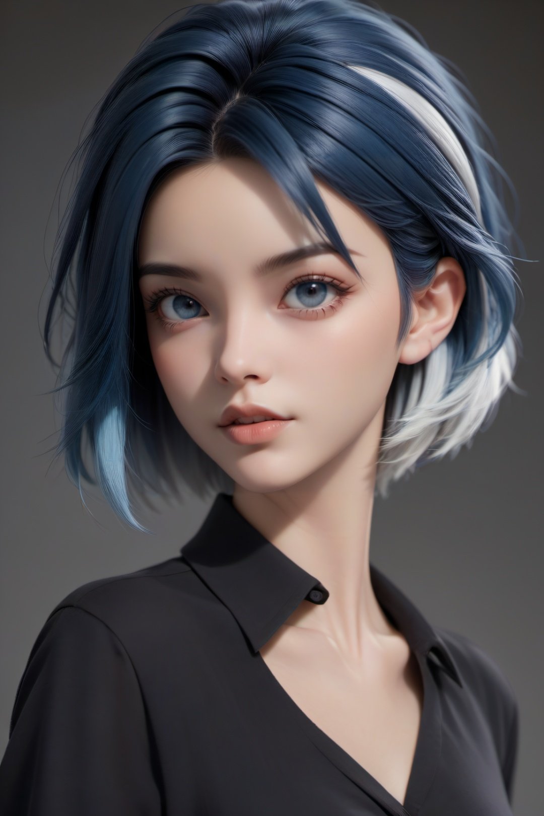 1girl, looking at viewer, short hair, eyelashes, streaked hair, portrait, white hair, shirt, blue hair, black shirt, buttons, nose, lips, solo, blue eyes, parted lips, upper body
