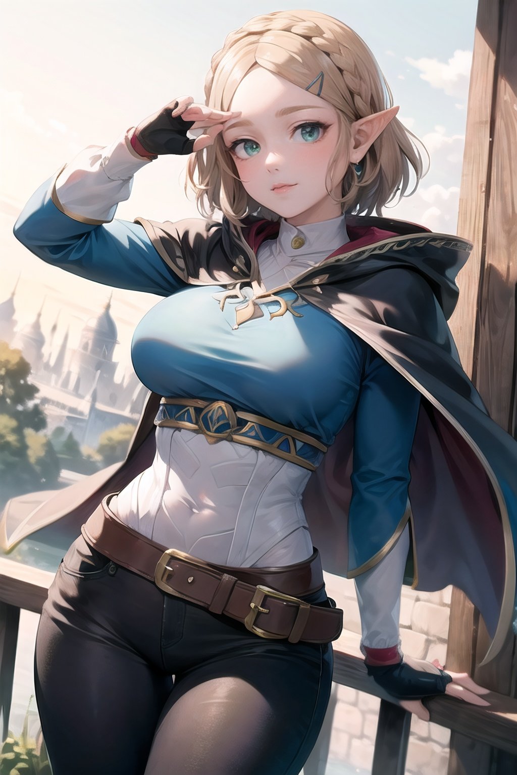 princess_zelda_aiwaifu,aiwaifu,pointy ears,braid,hair ornament,hairclip,gloves,fingerless gloves,blue shirt,shirt,long sleeves,crown braid,bangs,pants,black gloves,green eyes,parted bangs,black pants,short hair,long hair,cape,sidelocks,hood,thick eyebrows,jewelry,hooded cape,belt,tight pants,tight,large breasts,puffy sleeves,masterpiece,best quality,ultra detailed, 8k, cinematic light,highly detailed, scenery,pose,solo,looking at viewer,