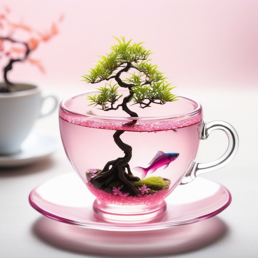 mini bonsai in a tea cup, pink leaf, sparkle, transparent tea cup, fishes in a cup, smoke around, 