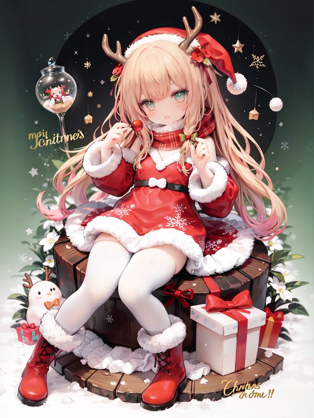 loli,1girl, golden hair, :d, long hair, food, cookie, christmas, reindeer, nail polish, solo, fur trim, scarf, christmas tree, gift, animal ears, checkerboard cookie, bow, sack, braid, gingerbread man, green background, christmas ornaments, blush, candy, simple background, hair ornament, full body, looking at viewer, gift box, red nails, holding, deer, red scarf, box, red bow, ;\), antlers, bell, flower, fur-trimmed boots, fur-trimmed sleeves, detached sleeves, very long hair, green eyes, hair bow, pinecone, snow globe, santa hat, star \(symbol\), hat, holly, stuffed animal, boots, sleeveless, animal, bangs,white thighhighs,