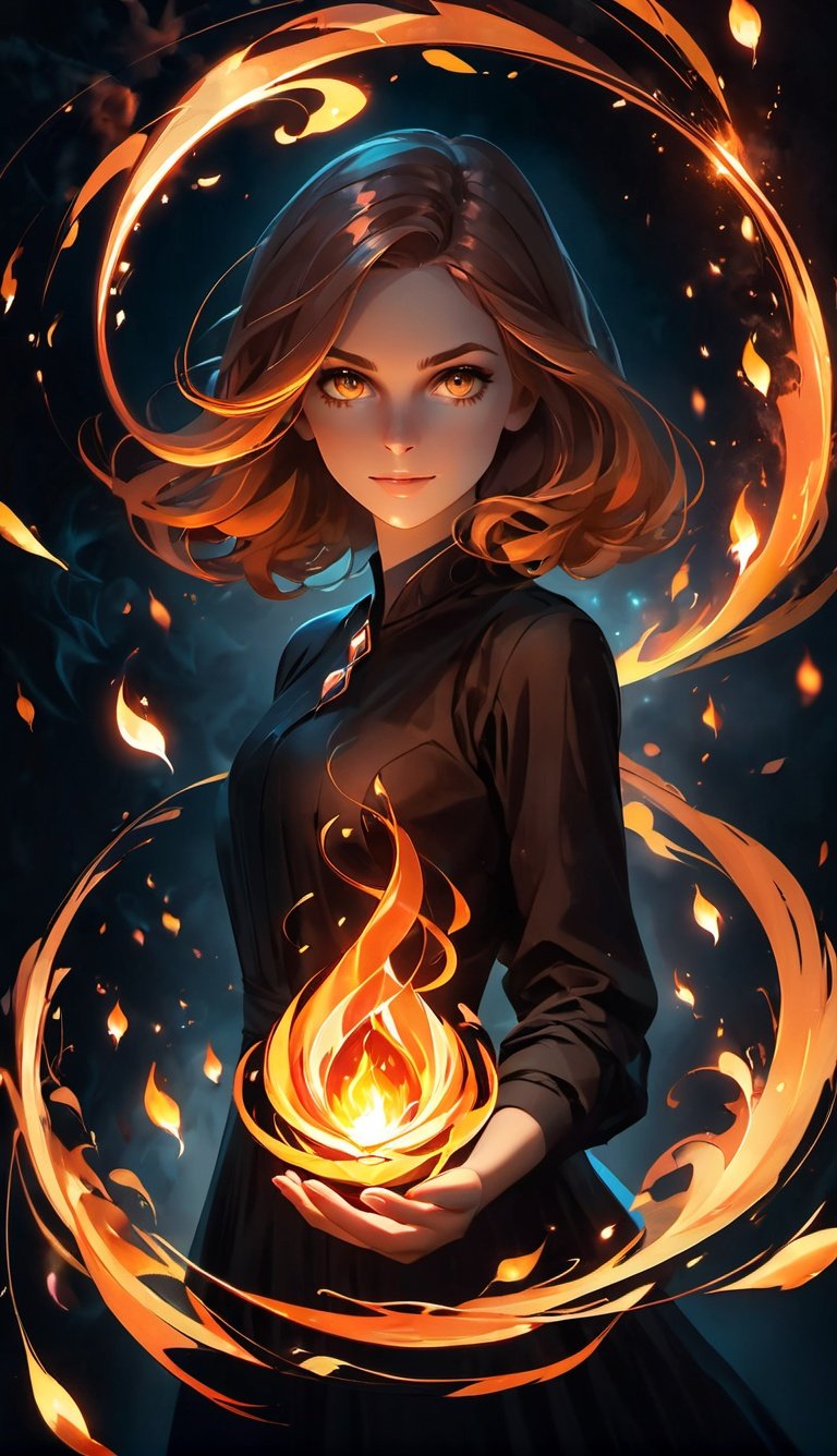 1girl holding fire, magical, abstract, dark, swirling lights, bloom, floating object, looking at viewer, realistic, solo, trending on Instagram, trending on Pinterest,