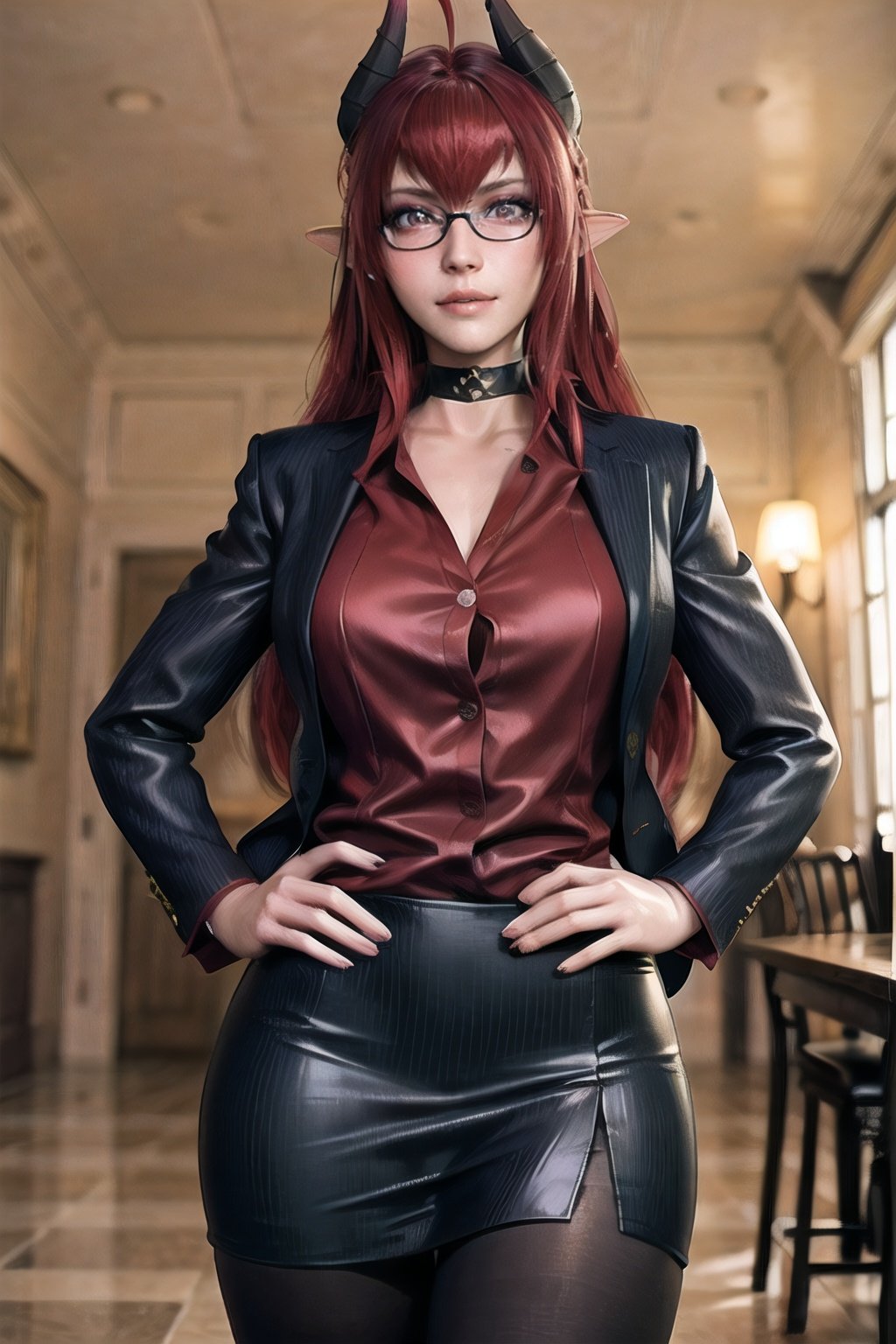 Sinia_suit_aiwaifu,black_legwear, black_skirt, breasts, choker, demon_girl, demon_horns, glasses, horns, jacket, long_hair,miniskirt, pantyhose, pencil_skirt, pinstripe_pattern, pinstripe_suit, pointy_ears,red_hair, skirt, striped, striped_skirt, vertical-striped_skirt, vertical_stripes, masterpiece,best quality,ultra detailed, 8k, cinematic light,highly detailed, scenery,pose,solo,looking at viewer,