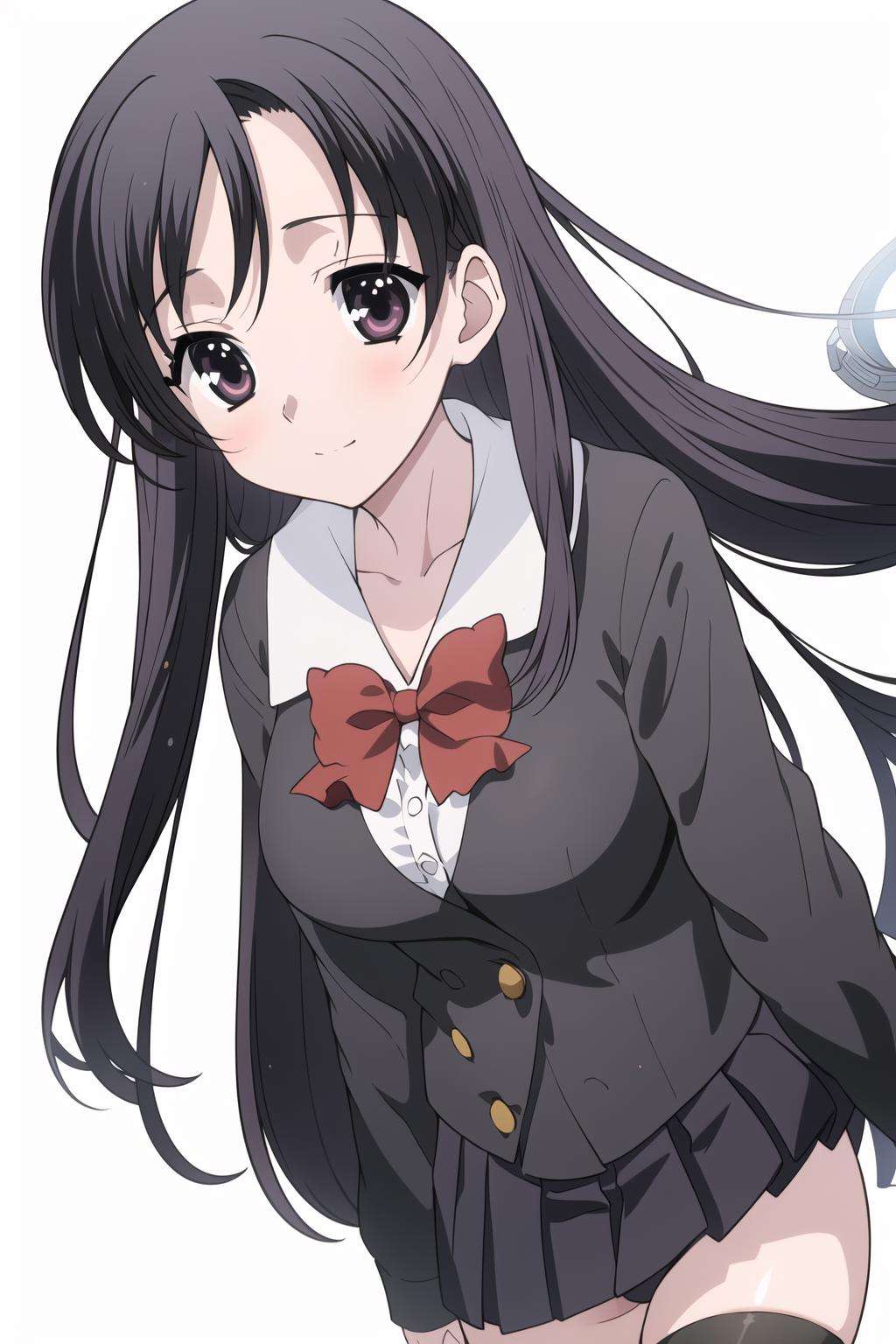 Simple White Background,red_bowtie, school_uniform, shirt,long_sleeves, pleated_skirt,Black_jacket,thighhighs, black_legwear,<lora:Kotonoha_Katsura_SchoolDays-KK77-V3:0.7>,Black_long_hair,Black_eyes,bangs,<lora:Mariana_Luciano_NON_VIRGIN-KK77-V1:0.3>,<lora:more_details:0.1>,1 girl, 20yo,Young female,Beautiful Finger,Beautiful long legs,Beautiful body,Beautiful Nose,Beautiful character design, perfect eyes, perfect face,expressive eyes,perfect balance,looking at viewer,(Focus on her face),closed mouth, (innocent_big_eyes:1.0),Light_Smile,official art,extremely detailed CG unity 8k wallpaper, perfect lighting,Colorful, Bright_Front_face_Lighting,shiny skin,(masterpiece:1.0),(best_quality:1.0), ultra high res,4K,ultra-detailed,photography, 8K, HDR, highres, absurdres:1.2, Kodak portra 400, film grain, blurry background, bokeh:1.2, lens flare, (vibrant_color:1.2),professional photograph,(Beautiful,large_Breasts:1.4), (beautiful_face:1.5),(narrow_waist),