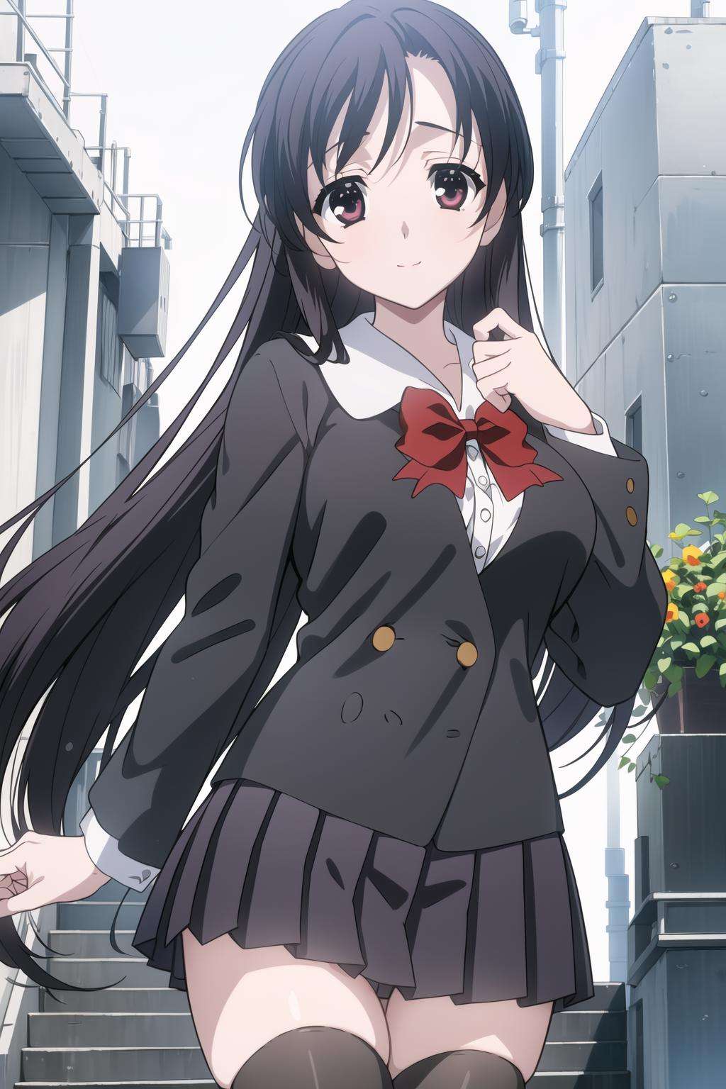 Simple White Background,red_bowtie, school_uniform, shirt,long_sleeves, pleated_skirt,Black_jacket,thighhighs, black_legwear,<lora:Kotonoha_Katsura_SchoolDays-KK77-V3:0.7>,Black_long_hair,Black_eyes,bangs,<lora:Mariana_Luciano_NON_VIRGIN-KK77-V1:0.3>,<lora:more_details:0.1>,1 girl, 20yo,Young female,Beautiful Finger,Beautiful long legs,Beautiful body,Beautiful Nose,Beautiful character design, perfect eyes, perfect face,expressive eyes,perfect balance,looking at viewer,(Focus on her face),closed mouth, (innocent_big_eyes:1.0),Light_Smile,official art,extremely detailed CG unity 8k wallpaper, perfect lighting,Colorful, Bright_Front_face_Lighting,shiny skin,(masterpiece:1.0),(best_quality:1.0), ultra high res,4K,ultra-detailed,photography, 8K, HDR, highres, absurdres:1.2, Kodak portra 400, film grain, blurry background, bokeh:1.2, lens flare, (vibrant_color:1.2),professional photograph,(Beautiful,large_Breasts:1.4), (beautiful_face:1.5),(narrow_waist),