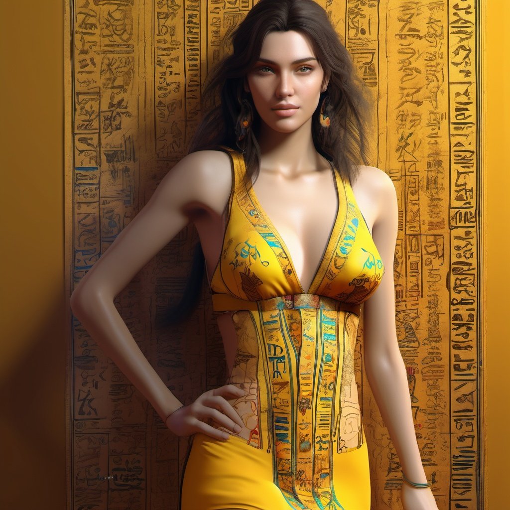 Real full picture of Most beautiful attractive   model  wearing yellow full covered Chemise having colorful hieroglyphic detailed writings, high resolution,  8k,, WLOP , mockup, ultra hd, realistic, vivid colors, highly detailed, UHD drawing, pen and ink, perfect composition, beautiful detailed intricate insanely detailed octane render trending on artstation, 8k artistic photography, photorealistic concept art, soft natural volumetric cinematic perfect light, ultra realistic, 