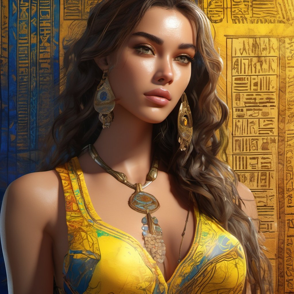 Real full picture of Most beautiful attractive   model  wearing yellow full covered Chemise having colorful hieroglyphic detailed writings, high resolution,  8k,, WLOP , mockup, ultra hd, realistic, vivid colors, highly detailed, UHD drawing, pen and ink, perfect composition, beautiful detailed intricate insanely detailed octane render trending on artstation, 8k artistic photography, photorealistic concept art, soft natural volumetric cinematic perfect light, ultra realistic, 