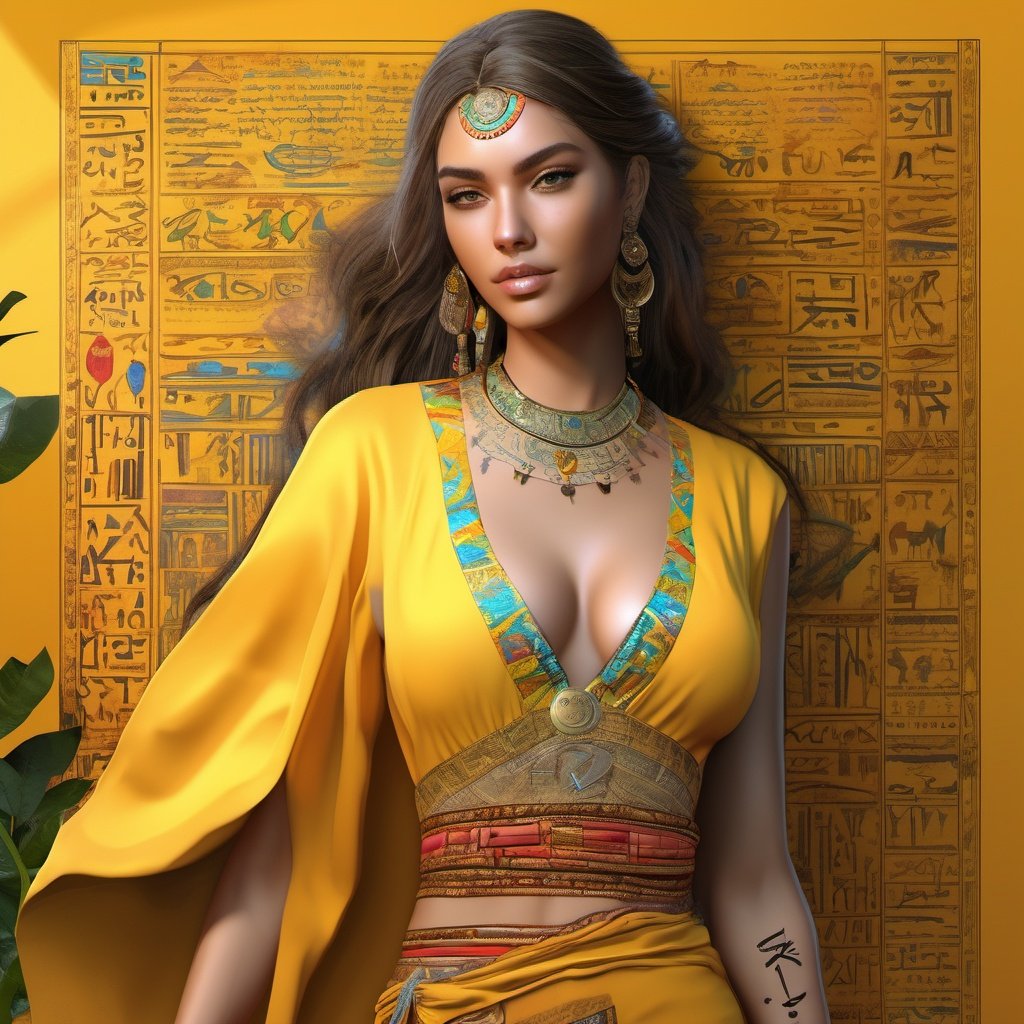 Real full picture of Most beautiful attractive   model  wearing yellow full covered Chemise having colorful hieroglyphic detailed writings, high resolution,  8k,, WLOP , mockup, ultra hd, realistic, vivid colors, highly detailed, UHD drawing, pen and ink, perfect composition, beautiful detailed intricate insanely detailed octane render trending on artstation, 8k artistic photography, photorealistic concept art, soft natural volumetric cinematic perfect light, ultra realistic, 