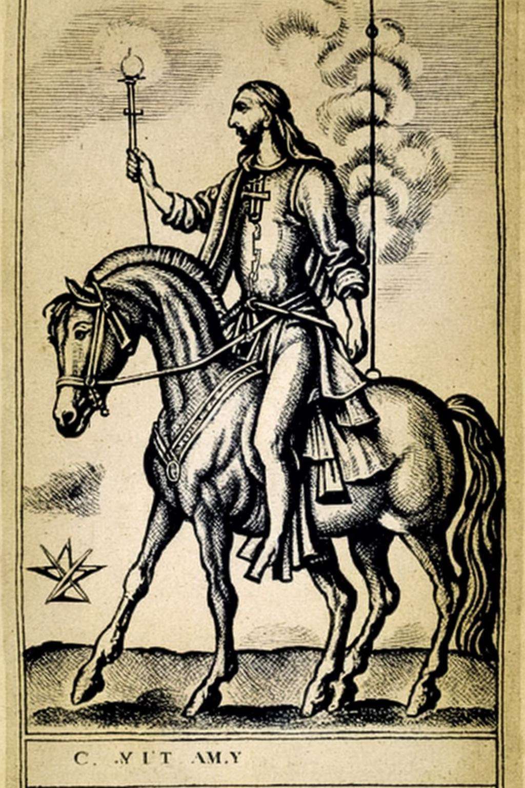 a black and white drawing of a man on a horse ,  alchemy ,  esoteric art by Ciro Negrogni on Tensor.Art