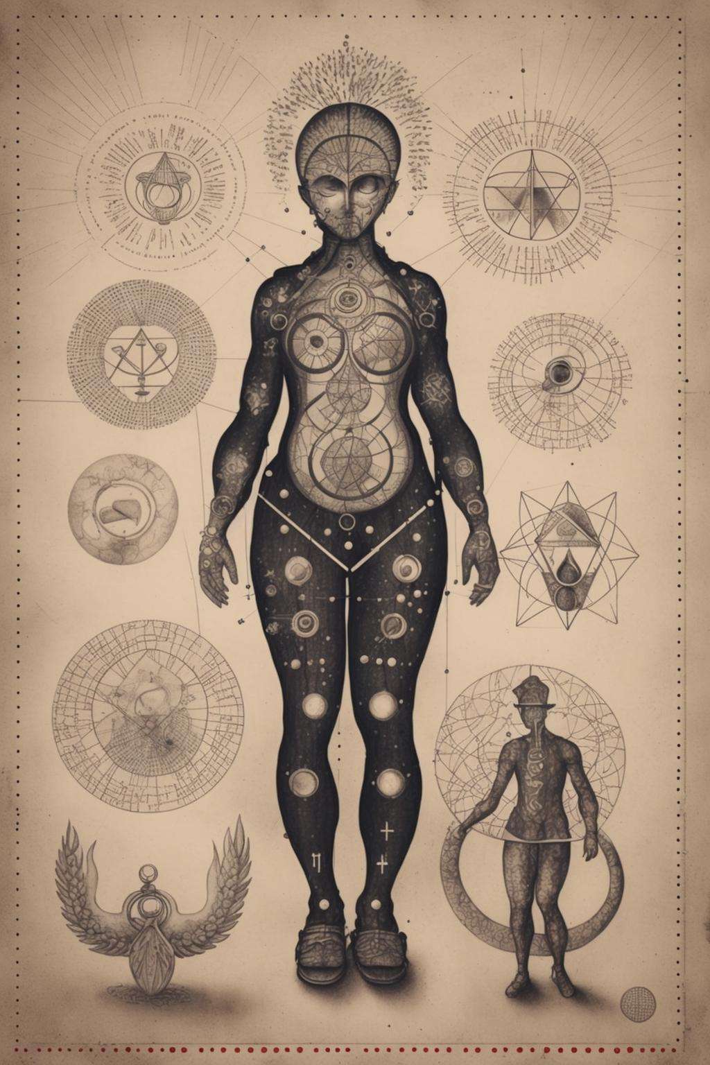 a drawing of a person with a lot of things on it by Ciro Negrogni on Tensor.Art