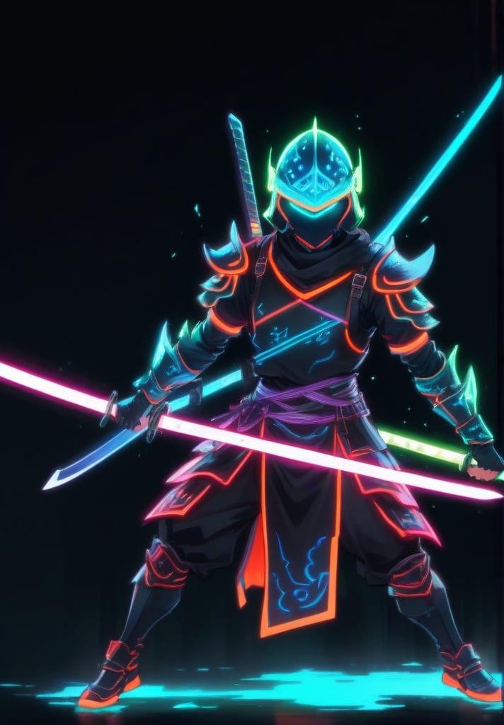 1boy, armor, fighting stance, full body, glowing, glowing weapon, helmet, holding, holding sword, holding weapon, hood, katana, male focus, neon style, shoulder armor, solo, standing, sword, weapon<lora:sdxl_neonneon-000002:0.8>