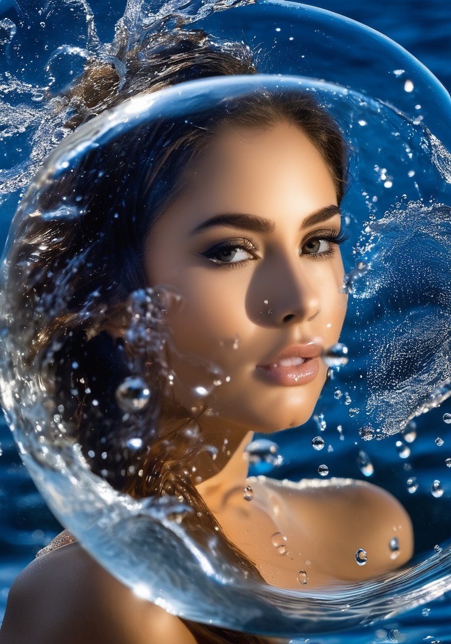 (((photo))), night, moonlight, (best_quality),(ultra_detailed), waves, water bubbles and drops, (inside the bubble is an image of a beautiful (girl made of water))