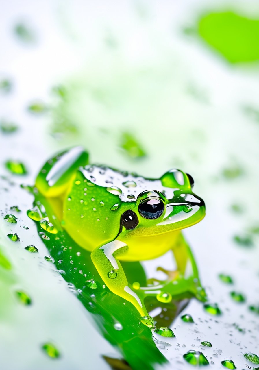 best quality, ultra detailed, a smiling frog made of glass, scattered, translucent leaf, award -winning photo, rain, bloom