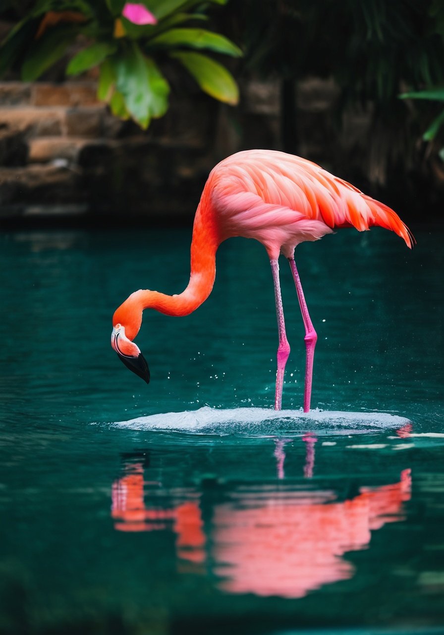 unsplash, photo, a pink flamingo standing in a pool of water,an orange flamingo stands in the shallow water, solo, standing, full_body, outdoors, blurry, no_humans, bird, leaf, plant, animal_focus, beak