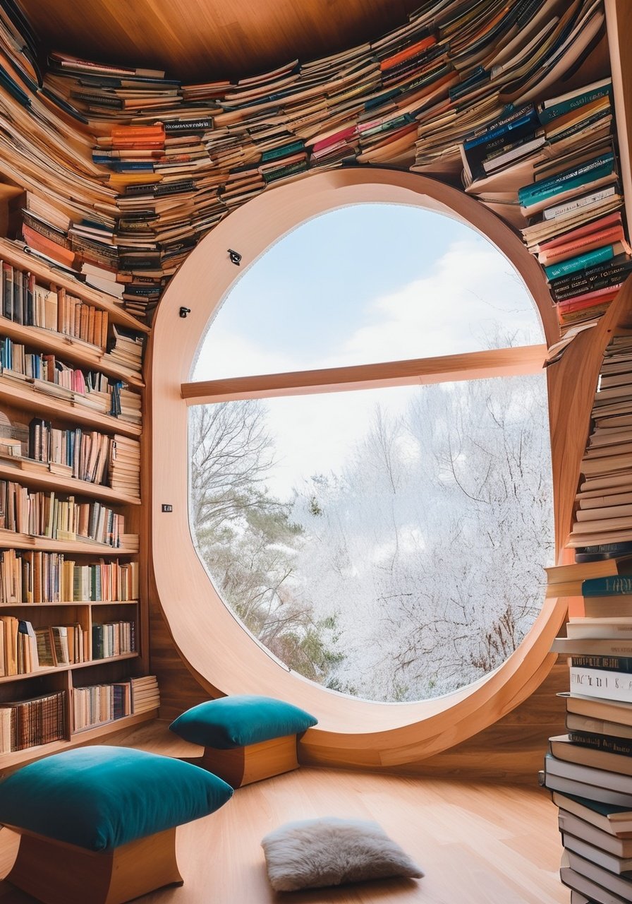 a cozy, book-filled library where the books come alive, their pages forming colorful tendrils that wrap around a sleep-deprived character, pulling them into a whimsical world of literary dreams