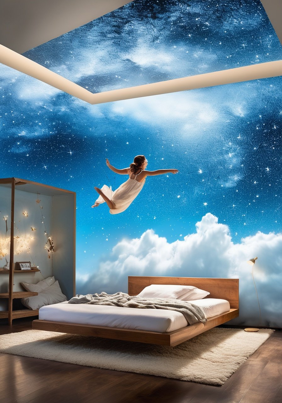 Photo of a tranquil bedroom scene with a floating bed, where the foreground shows a young girl tossing and turning, unable to sleep, while the background is filled with ethereal clouds and whimsical stars