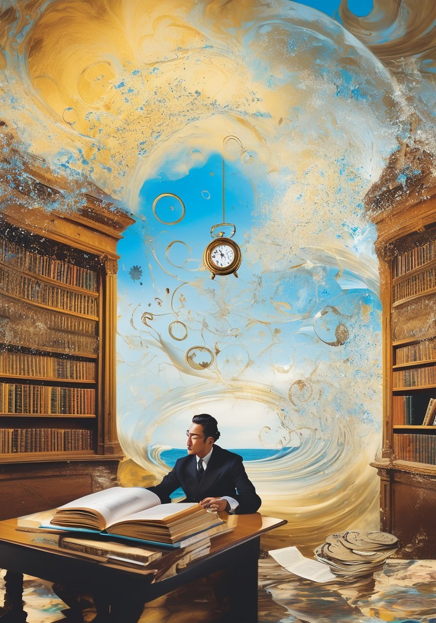 Photo of a study room, where the foreground depicts a person frustratedly flipping through books, surrounded by swirling thought bubbles and floating gears, and the background transitions into a surreal, Salvador Dali-esque painting with melting clocks and impossible architectural structures