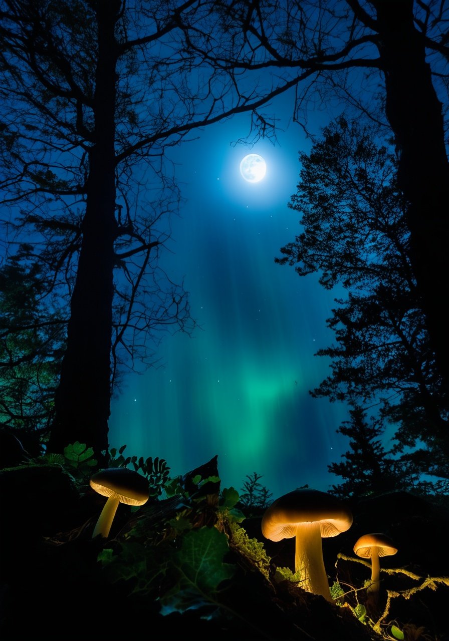 image of a serene, moonlit forest with towering, glow-in-the-dark mushrooms and a elf figure trapped in a beautiful yet mysterious web of tree branches