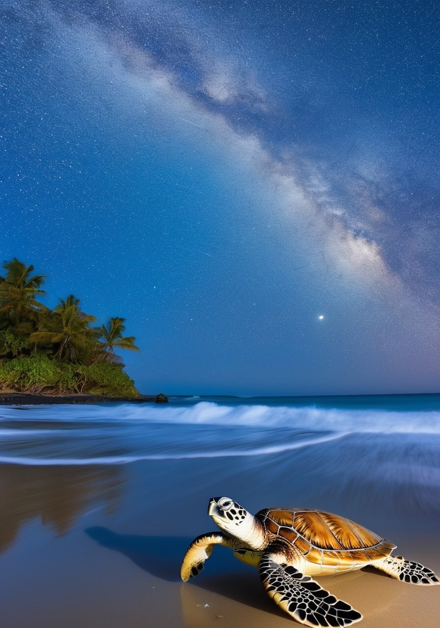 Generate an photo of a peaceful, moonlit beach scene where the crashing waves freeze mid-air, and a majestic, silver sea turtle amidst floating seashells and twinkling constellations