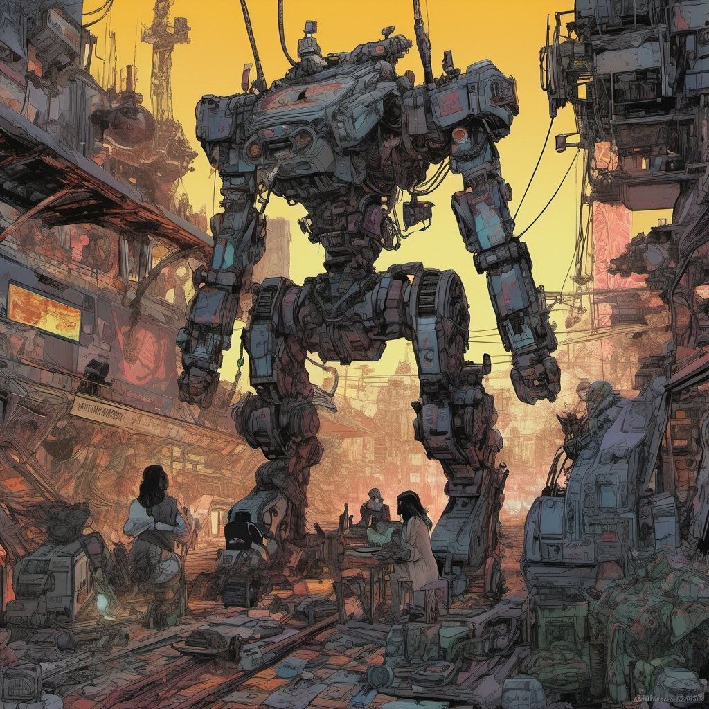 SIMON BISLEY STYLE, geof darrow style, horror, D.Va GIRL SITTING ON ROBOT, destroying humans, yoji shinkawa style, wasteland, hyper detailed, neon ambiance, abstract black oil, gear mecha, detailed acrylic, grunge, intricate complexity, rendered in unreal engine, isometric, digital art, smog, pollution, toxic waste, chimneys and railroads, 3 d render, octane render, volumetrics, by greg rutkowski