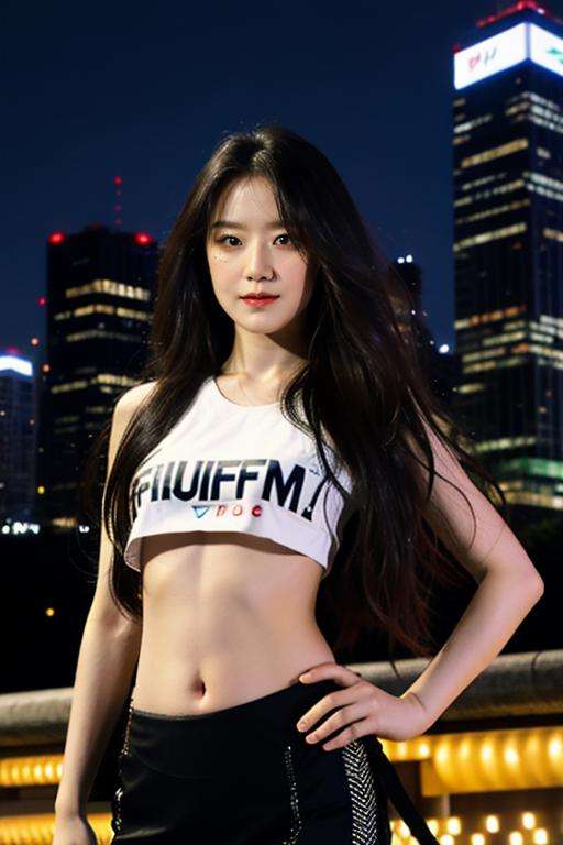 Fujifilm XT3, 8k,close up photo, masterpiece, best quality, (((1girl))), solo,realistic, ((looking at viewer)), photorealistic, (extremely detailed face), looking at viewer, ultra-detailed eyes and pupils, ultra detailed, serious expression, standing against a city skyline at night, cropped top,shirts, Suit skirt, ((navel)), <lora:shuhualorashy:1>