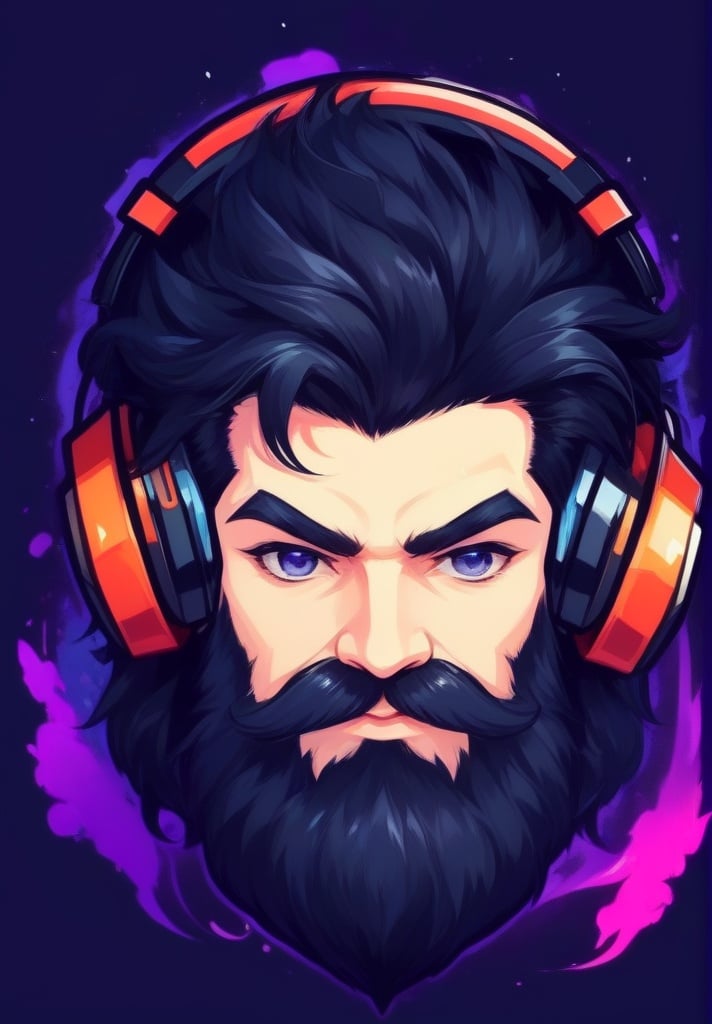 head, beard, black hair, facial hair, headphones, male focus, mascot logo, mustache, solo, upside-down <lora:sdxl_mascot:1>