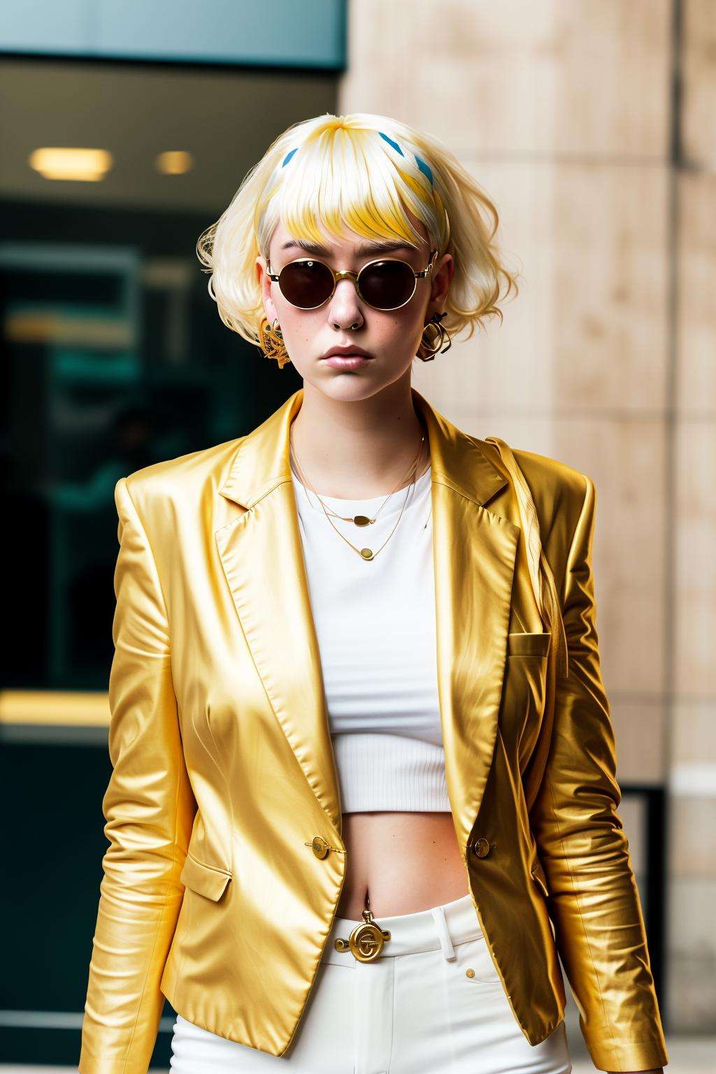 a woman in a gold and white jacket ,  alt_style