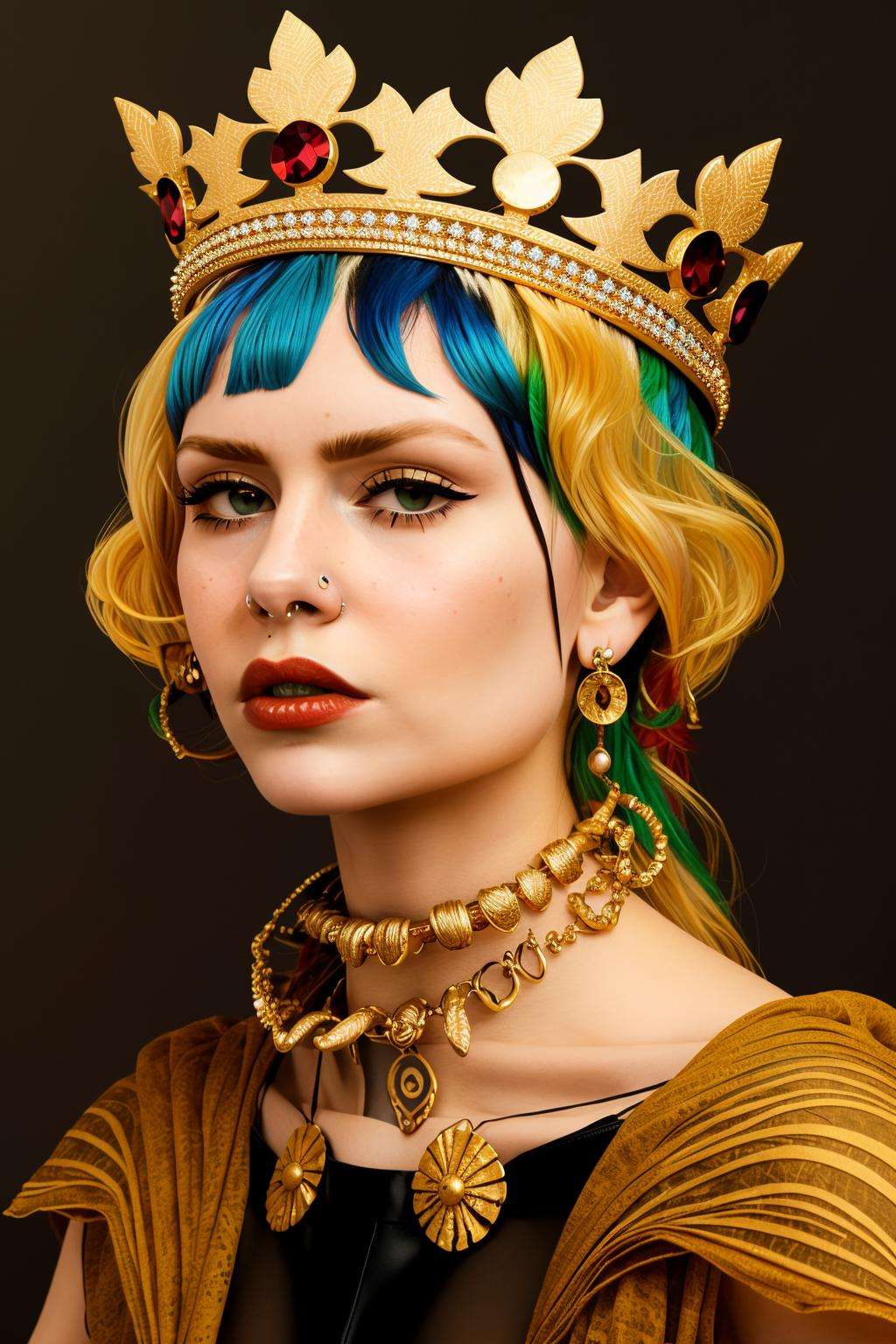 a woman wearing a gold crown and scarf ,  alt_style