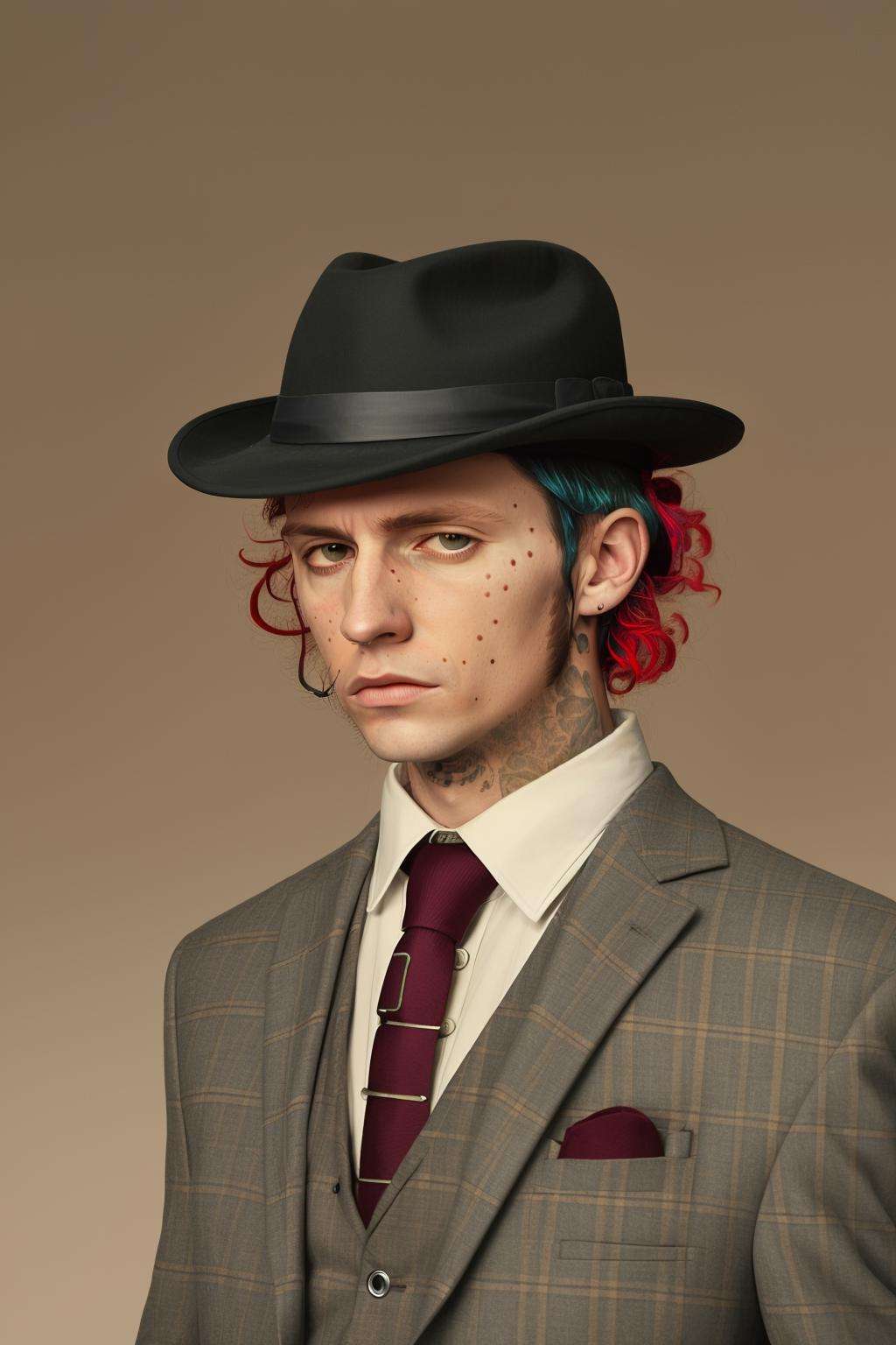 a man with a hat and a suit jacket ,  alt_style