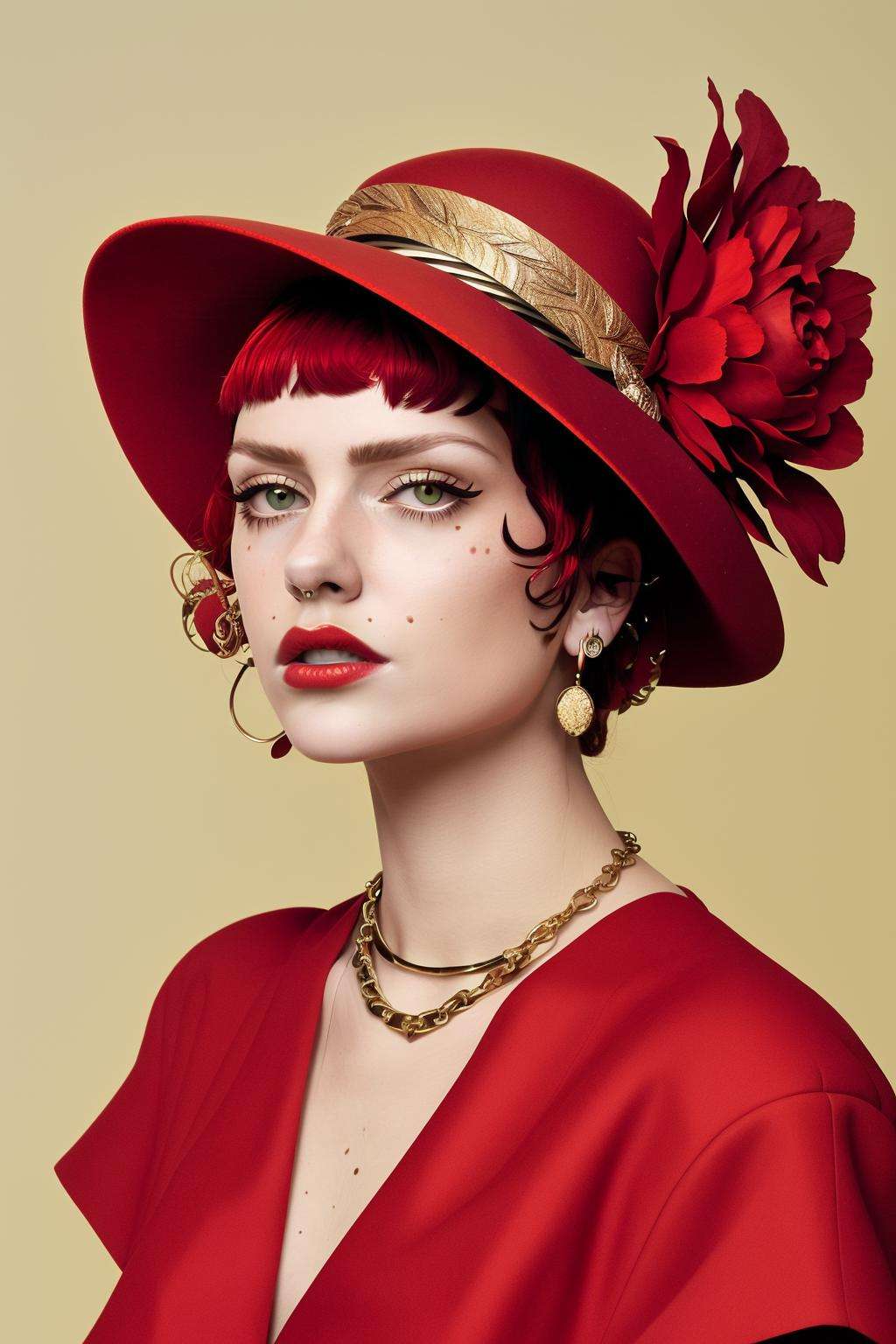 a woman in a red and gold outfit and a hat ,  alt_style