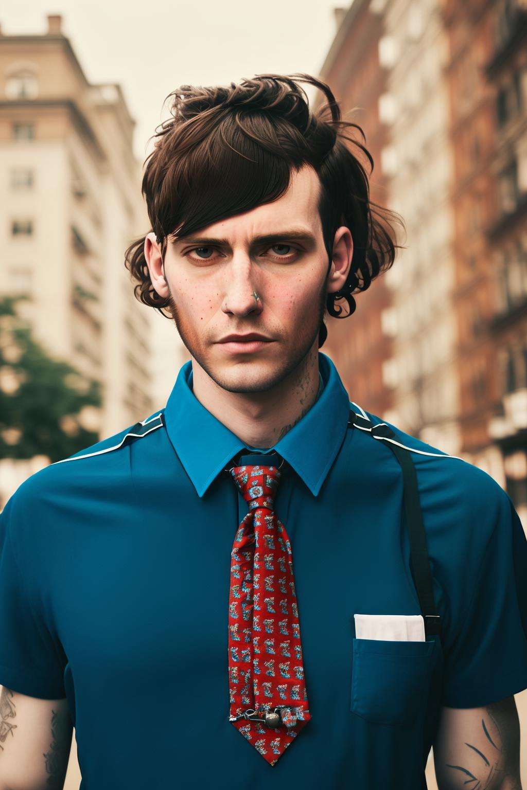 a man in a blue shirt and tie posing for a picture ,  alt_style