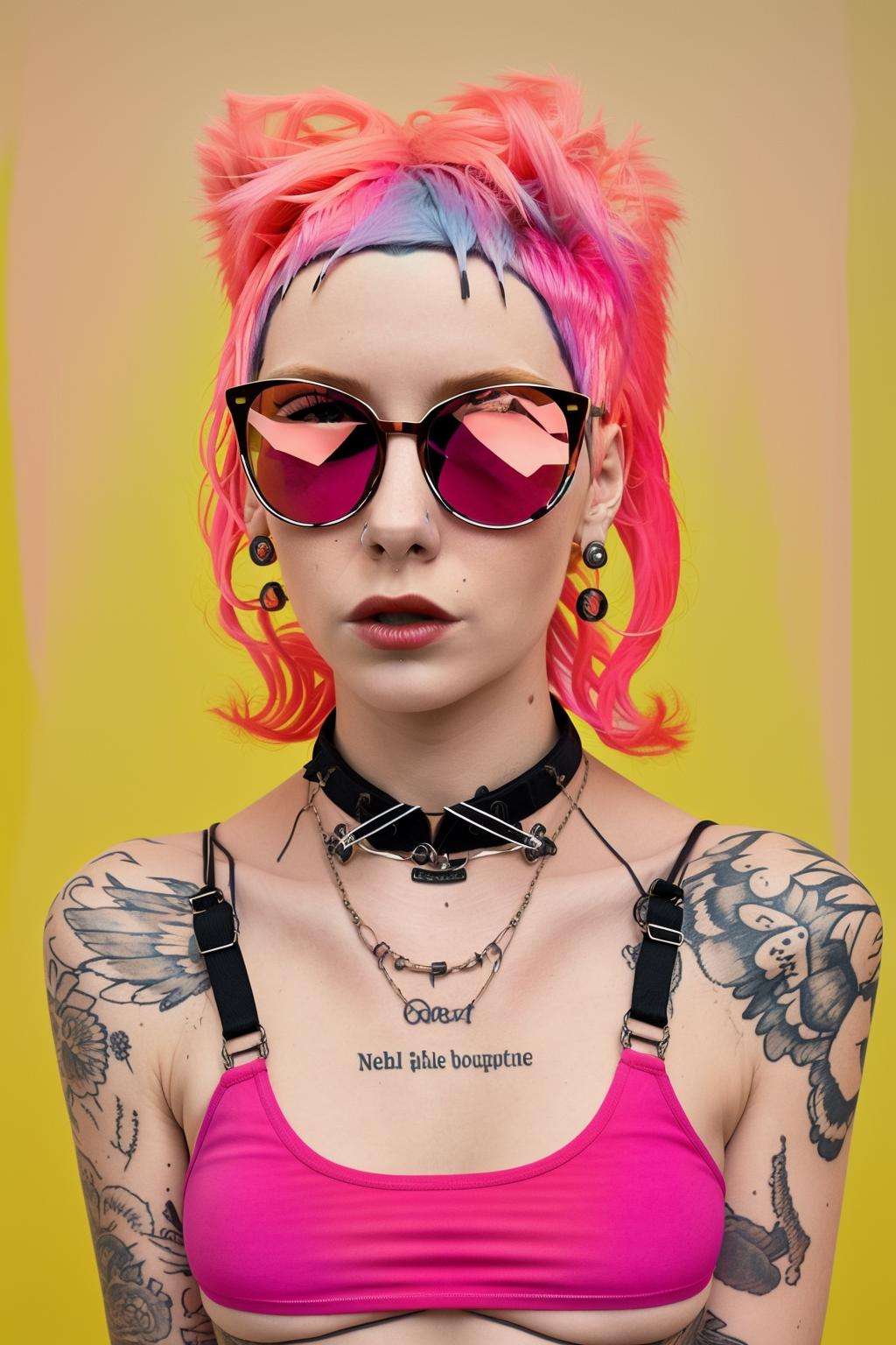 a woman with pink hair and a bright orange top ,  alt_style