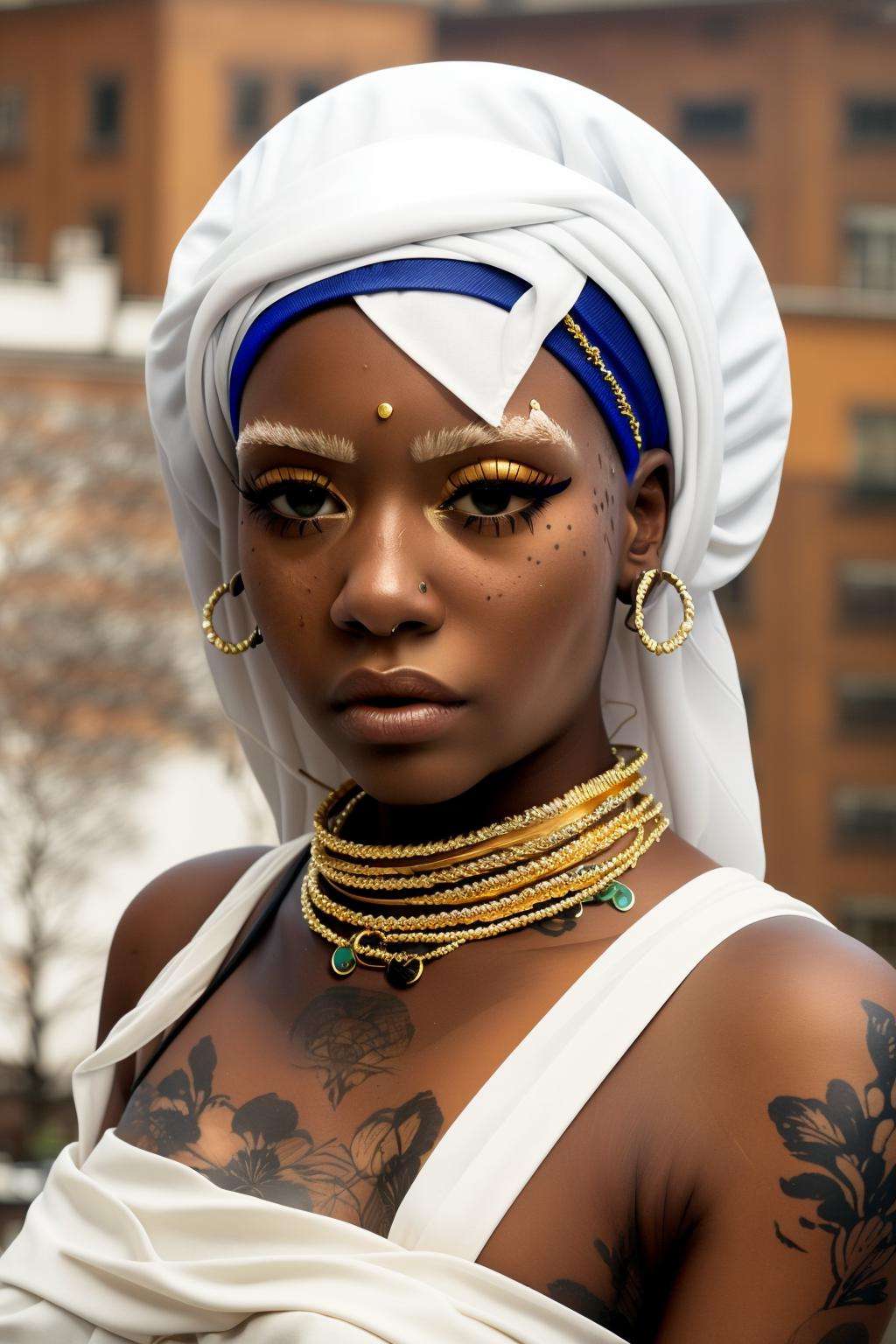 a woman wearing a white head scarf and a gold headpiece ,  alt_style