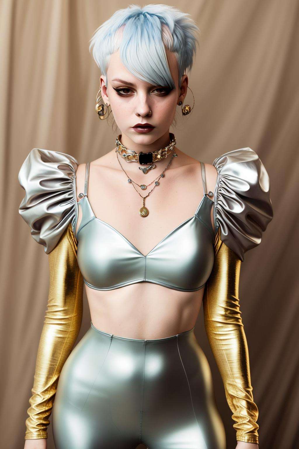 a woman in a silver and gold outfit ,  alt_style