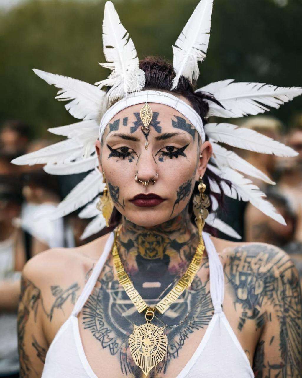 a woman wearing a white headdress and a gold necklace ,  alt_style , alternative culture , alternative style , tattoos:0.2,  <lora:alt_style:1.0>