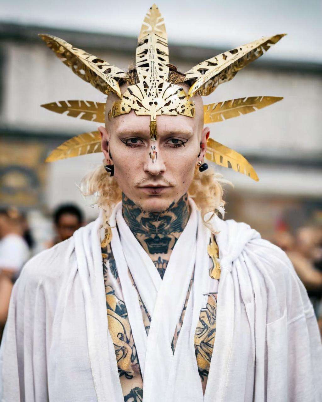 a man in a white robe and a gold headdress ,  alt_style , alternative culture , alternative style , tattoos:0.2,  <lora:alt_style:1.0>