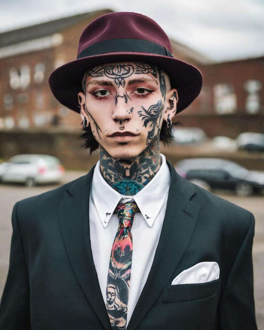 a man with a hat and a suit jacket ,  alt_style , alternative culture , alternative style , tattoos:0.2,  <lora:alt_style:1.0>