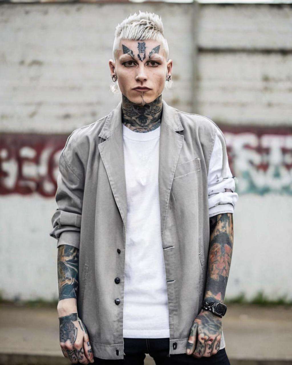 a man in a white shirt and a gray jacket ,  alt_style , alternative culture , alternative style , tattoos:0.2,  <lora:alt_style:1.0>